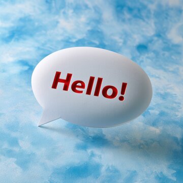 White speech bubble with bold red text greeting displayed against a soft blue sky background with clouds for friendly communication concepts