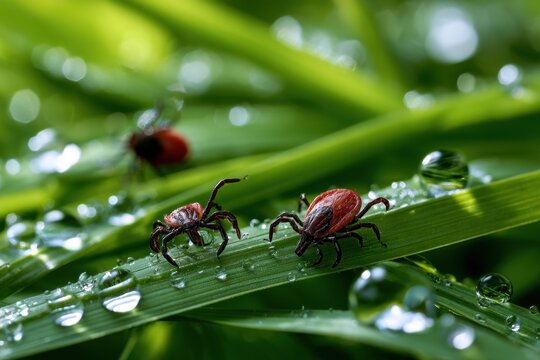 Close-up of reddish ticks crawling on green grass blades covered with sparkling morning dew drops in natural outdoor environment