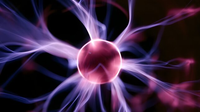 A glowing central sphere emits vibrant pink and purple plasma tendrils against a dark background  showcasing electric field patterns