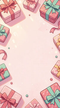 Pastel gift boxes frame for festive holiday background