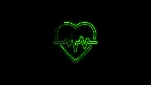 4k abstract glowing neon Heart and cardiogram. heartbeats icon animated on black background. neon heartbeat icon pulsating against a deep.
