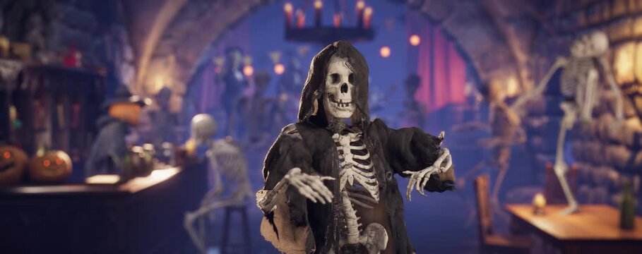 Scary skeleton dancing at Halloween party in a gothic dungeon pub, 3D animation