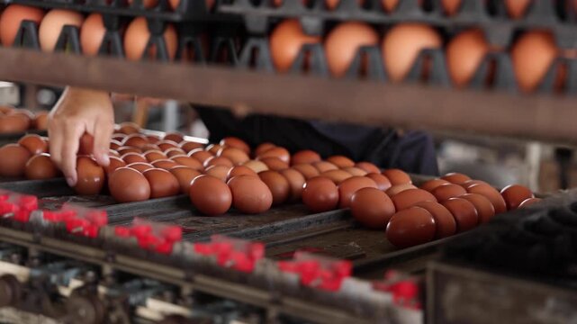 Worker hands sorting fresh brown chicken eggs on conveyor belt machine line, automatic egg grading process in poultry farm factory, agricultural food production industry, and farming concept