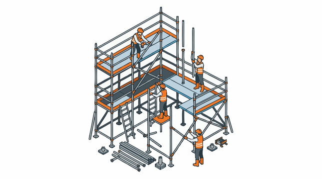 Isometric illustration of construction workers building metal scaffolding.
