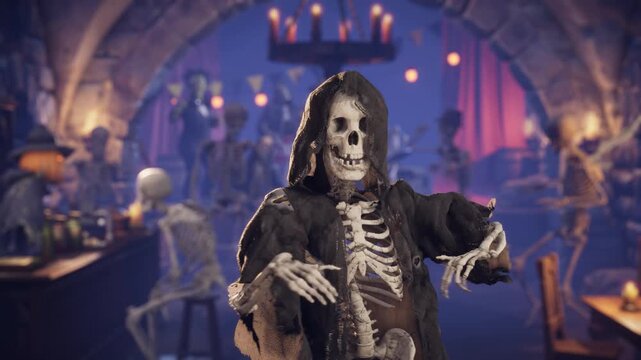 Scary skeleton dancing at Halloween party in a gothic dungeon pub, 3D animation