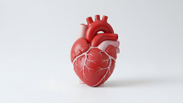 Realistic 3D anatomical model of a human heart organ isolated on a plain white background for medical education and cardiology healthcare concepts