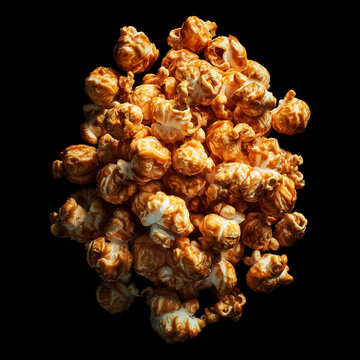 Caramel popcorn pieces floating in air isolated on dark black background, concept of sweet snack and flavor appeal