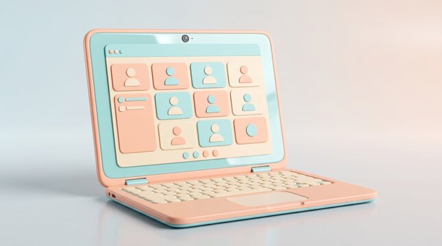 Pastel laptop displaying a digital video conference interface with user icons