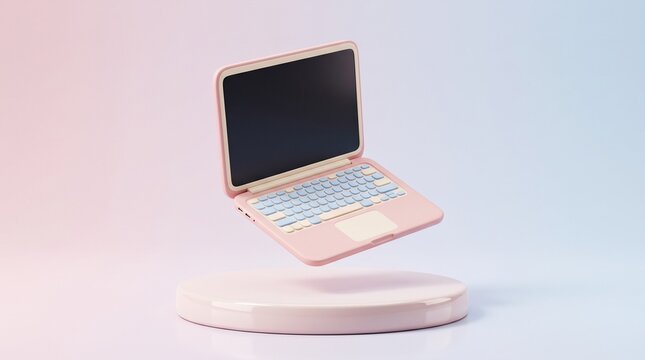 Pastel pink laptop floating above a circular pedestal with copy space