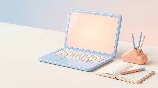 Pastel blue laptop with blank screen on a creative desk with stationery