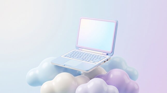 Pastel laptop computer floating on soft clouds with copy space