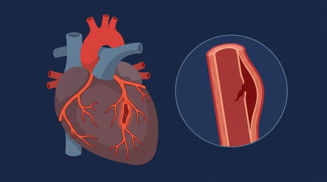 Anatomical illustration of a human heart showing coronary artery blockage and vessel damage