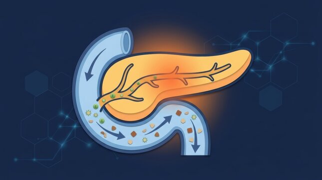 Medical illustration of human pancreas anatomy and digestive enzyme flow in the duodenum tract