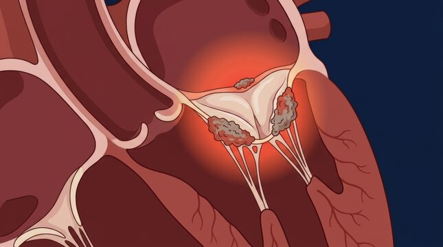 Medical illustration of infective endocarditis showing vegetation on the mitral heart valve