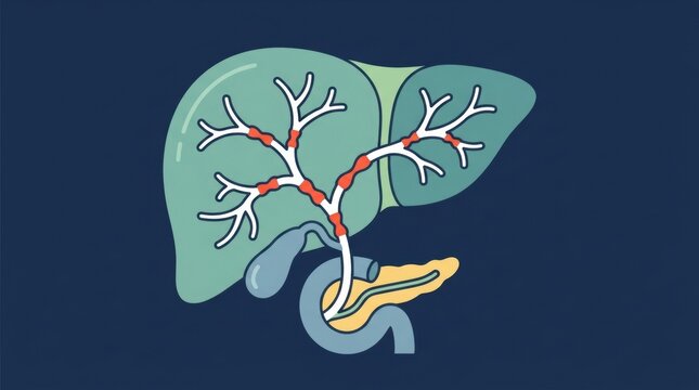 Medical illustration of primary sclerosing cholangitis showing bile duct inflammation and strictures
