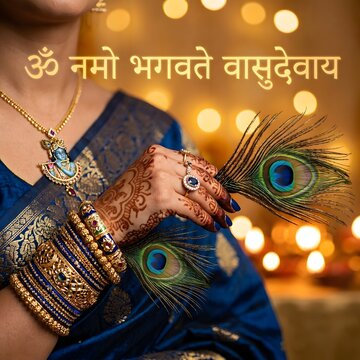 Woman in traditional south asian bridal attire holding peacock feather during vasudeva namo ritual