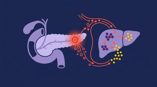 Medical illustration of pancreatic function and liver interaction in human metabolism process