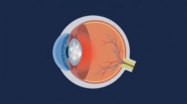 Medical illustration of a human eye cross section showing a cloudy lens indicating a cataract