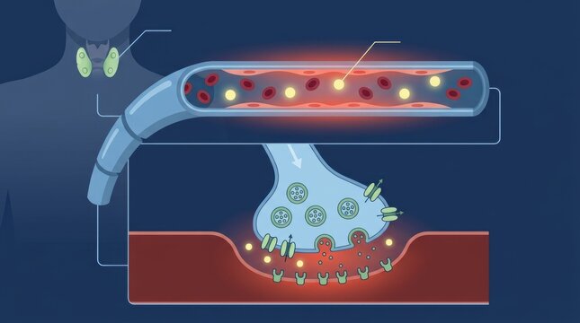 Medical illustration showing thyroid gland hormone secretion and synaptic neurotransmission