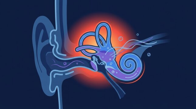 Anatomical illustration of the human inner ear showing the cochlea and vestibular system
