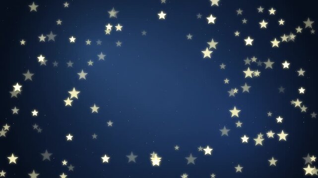 Twinkling golden stars gently float and sparkle across a dark blue magical background creating a fest
