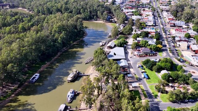 Murray river waters at Echuca historic town port paddle steamer boats in Australia.
