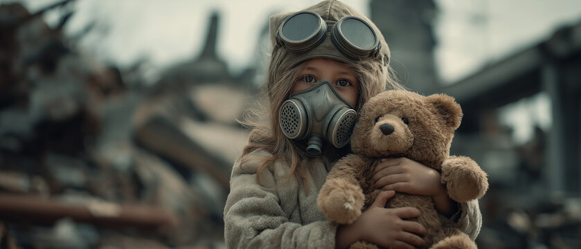 Little girl with gas mask holding teddy bear in destroyed city
