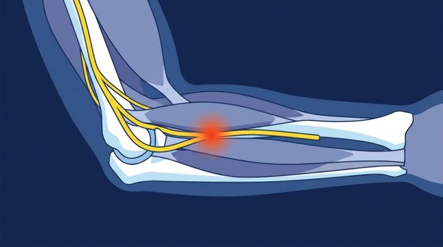 Anatomical illustration of ulnar nerve entrapment showing pain in the human elbow joint area