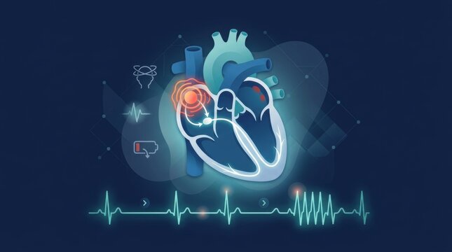 Medical illustration of human heart anatomy with electrical conduction system and arrhythmia