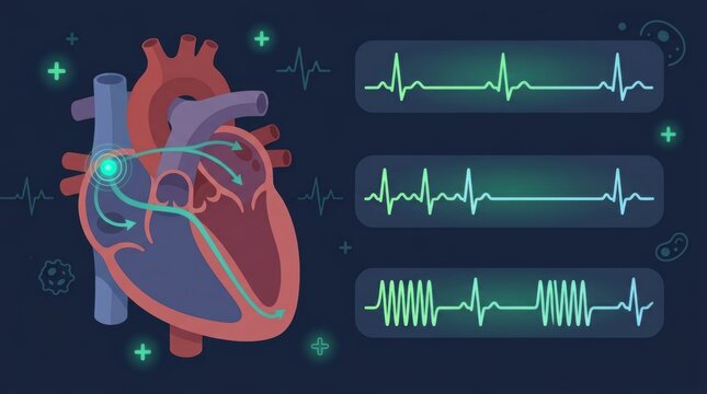Anatomical illustration of human heart conduction system with various cardiac rhythm patterns