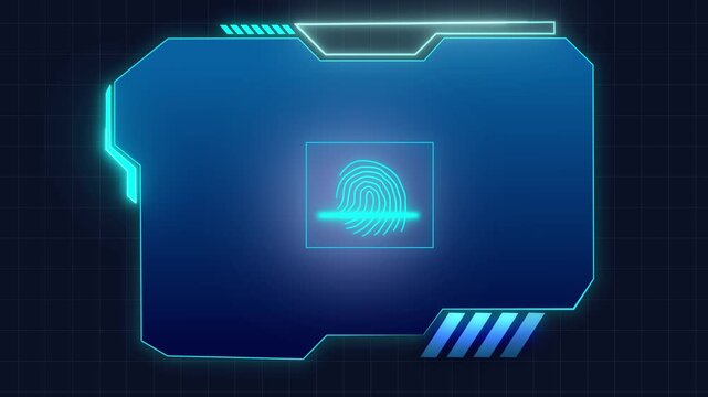 Glowing blue digital folder with a fingerprint scan icon on a dark grid background, showing secure data storage and cyber protection