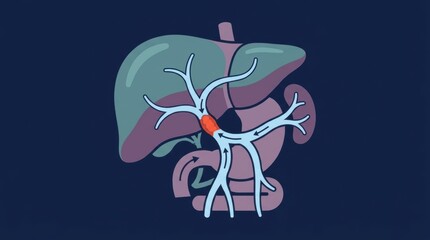 Obraz premium Medical illustration of human liver anatomy with a highlighted biliary duct blockage or tumor