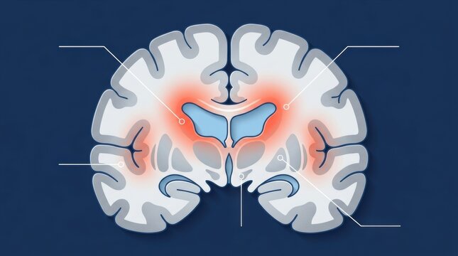 Coronal section of human brain diagram with highlighted deep structures for medical education