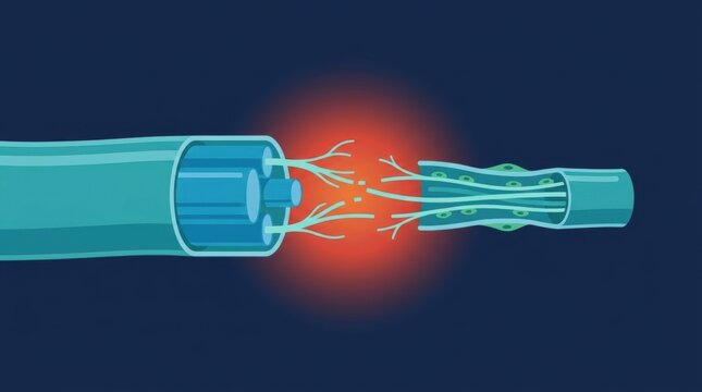 Illustration of a damaged nerve fiber showing axonal degeneration and synaptic gap separation
