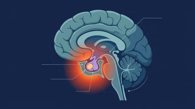 Medical illustration of human brain anatomy highlighting the pituitary gland and hypothalamus area