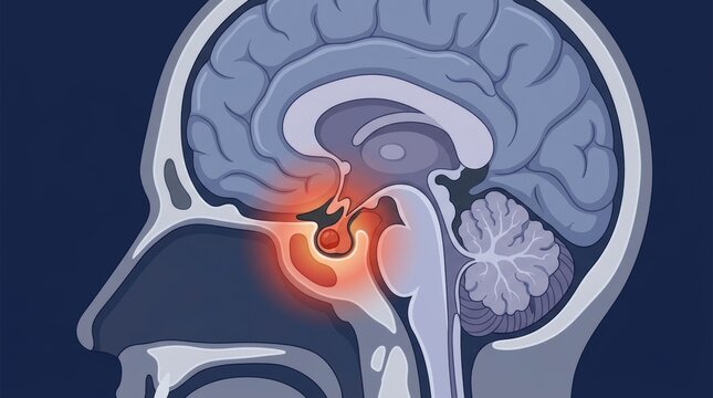Medical illustration of a human brain cross section highlighting the pituitary gland area