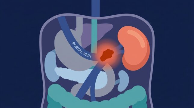 Medical illustration of the human portal vein showing a blockage or obstruction in the anatomy