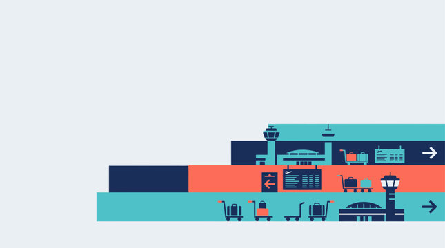 Airport Terminal Building with Luggage Carts and Control Tower - Vector Illustration