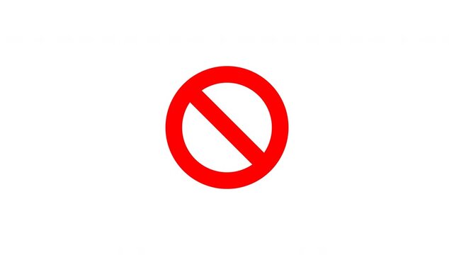 A highly technical flat red prohibited/no symbol animation. The diagonal slash acts as a mechanical compass arm, sweeping 360 degrees to paint the outer circle while building scale tension, followed b