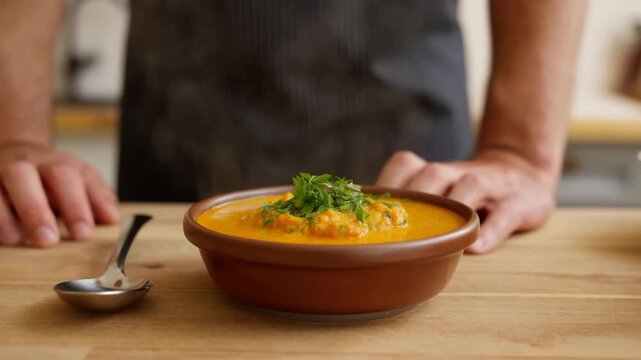 Bowl of steaming orange soup rests on wooden kitchen counter with fresh green herb garnish, metal spoon at left, cooking pot at right, and person standing behind it