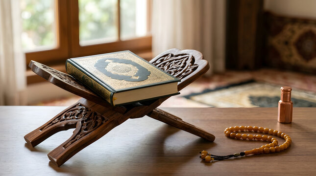 Open Quran on Ornate Wooden Stand with Prayer Beads and Islamic Decor in a Peaceful Home Interior