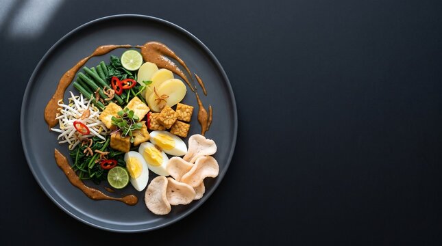 Traditional Indonesian gado gado salad with peanut sauce, eggs, tofu and crackers on a dark plate