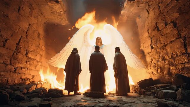 Shadrach, Meshach, And Abednego In The Fiery Furnace, Protected By An Angel From The Heat Of The Fire. Old Testament Story Scene