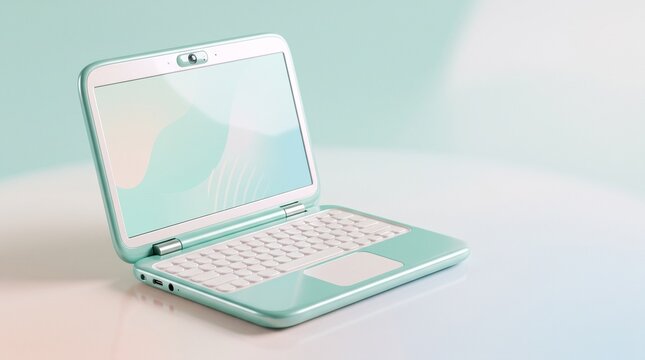 Pastel mint green laptop computer on a clean surface with copy space