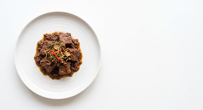 Top view of delicious beef rendang on a white plate isolated on white background with copy space