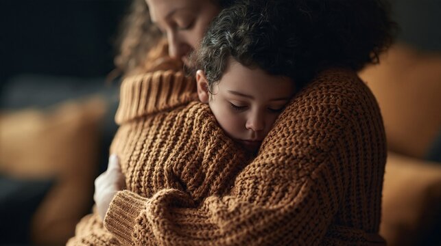 Loving mother hugging her sleepy child in warm knitwear