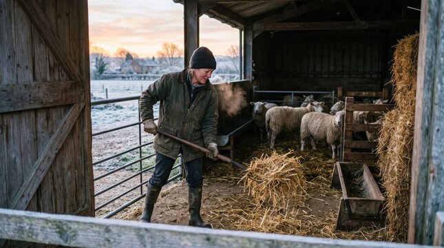Farmer shoveling straw inside rustic barn beside sheep and hay bales during a cold winter morning in a snowy rural farm setting