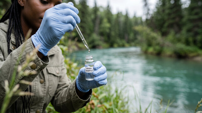 Black female environmental researcher testing a river water sample outdoors, gloved hands using a pipette to transfer liquid into a small transparent vial, freshwater analysis, environmental protectio