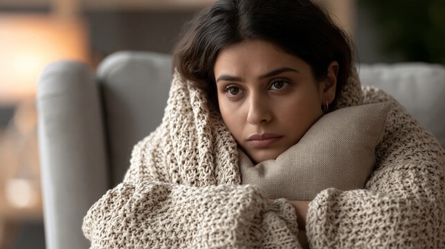 Sad young woman wrapped in warm knitted blanket sitting on sofa at home feeling cold