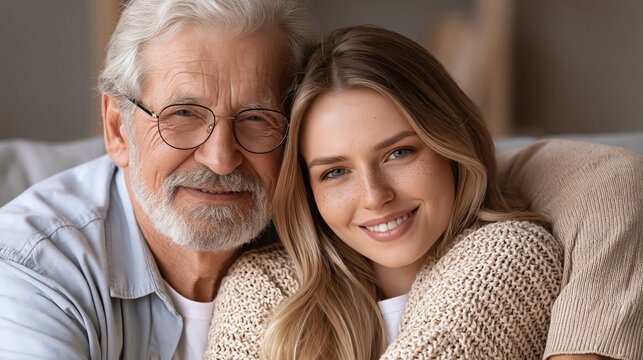 Senior man with white beard and glasses embracing a young woman smiling together indoors